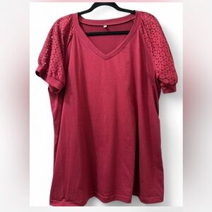 Red wine short sleeve V-neck top with lace sleeves 
size xxl